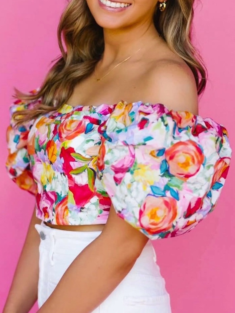 Floral Off-Shoulder Puff Sleeve Crop Top - Pink Multicolor